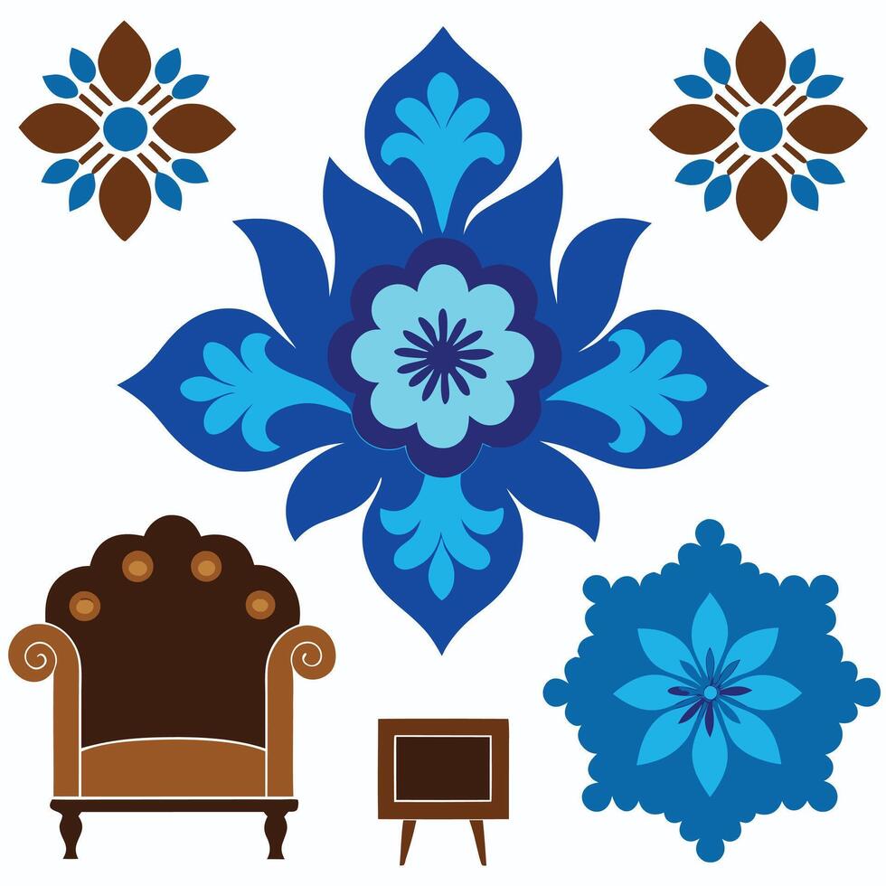 A set of blue and brown furniture and accessories vector