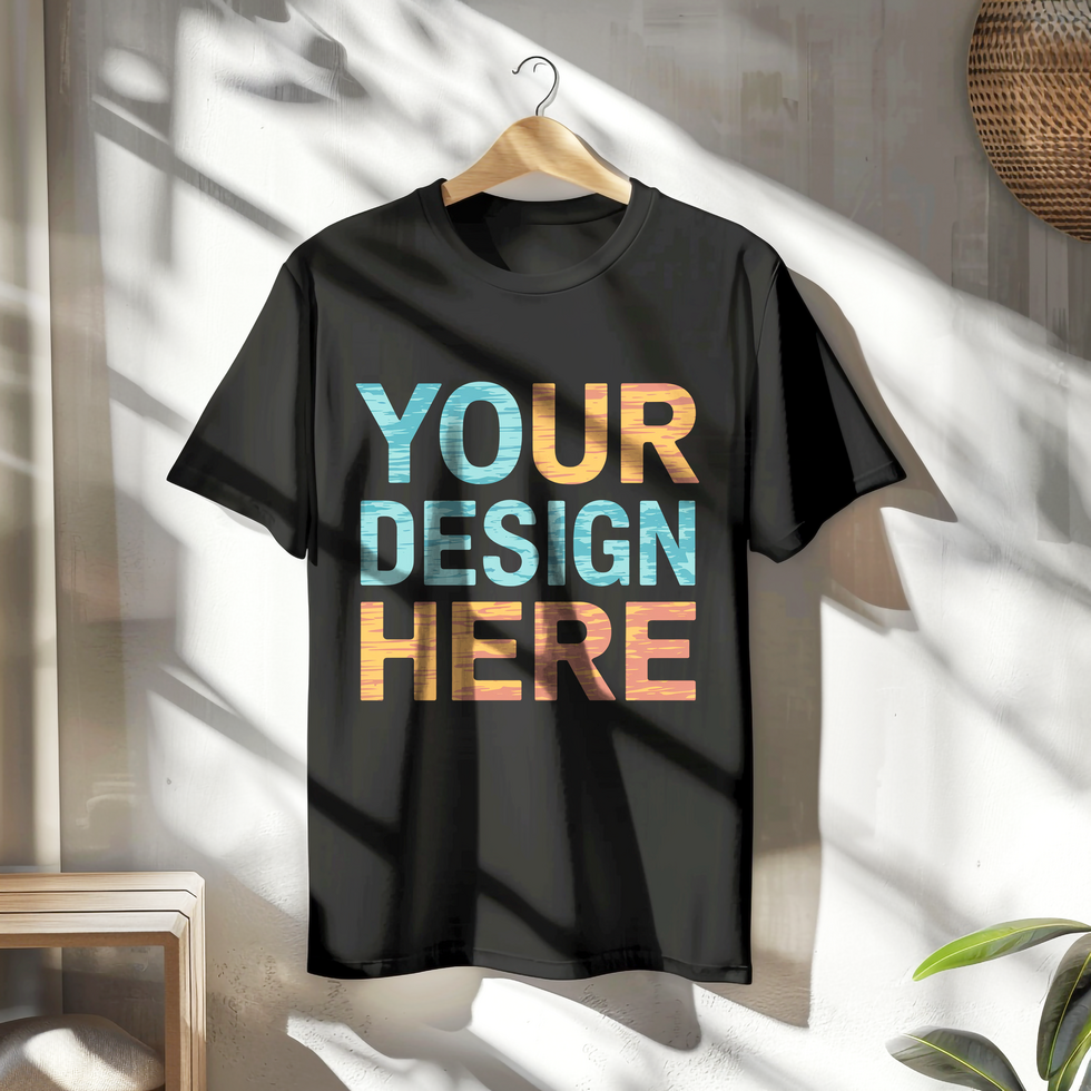 Clasic black tshirt on hanger mockup on wall background psd