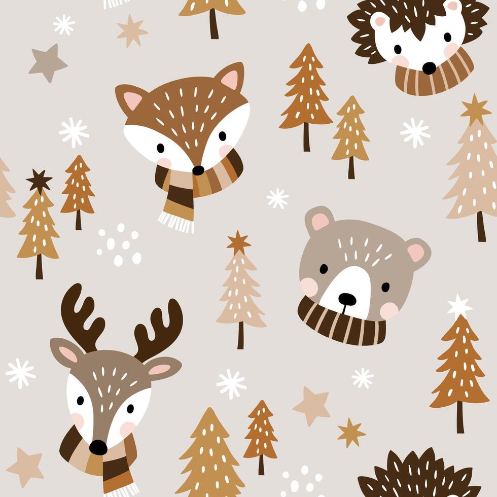 Seamless pattern with cute woodland animal heads. Perfect for textile, wallpaper or print design. vector