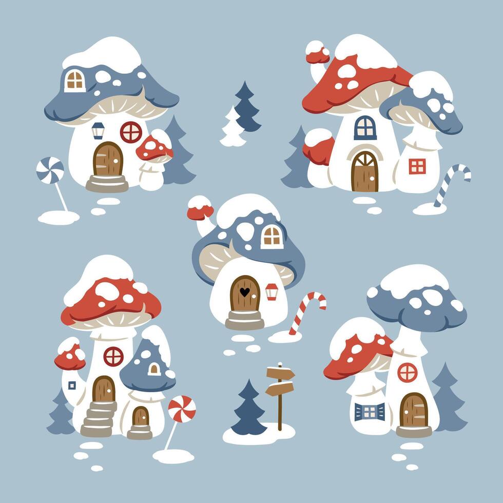 Seamless pattern with cute winter mushroom houses, snowflakes and snowy trees. Hand drawn Christmas wallpaper design. Perfect for textile, wallpaper or nursery print design. vector