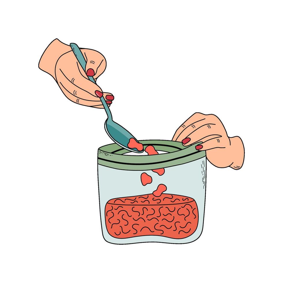 Female character is filling plastic bag using spoon for freezing and storage. Canning process, food preservation concept. Hand drawn cartoon style illustration isolated on transparent background. vector