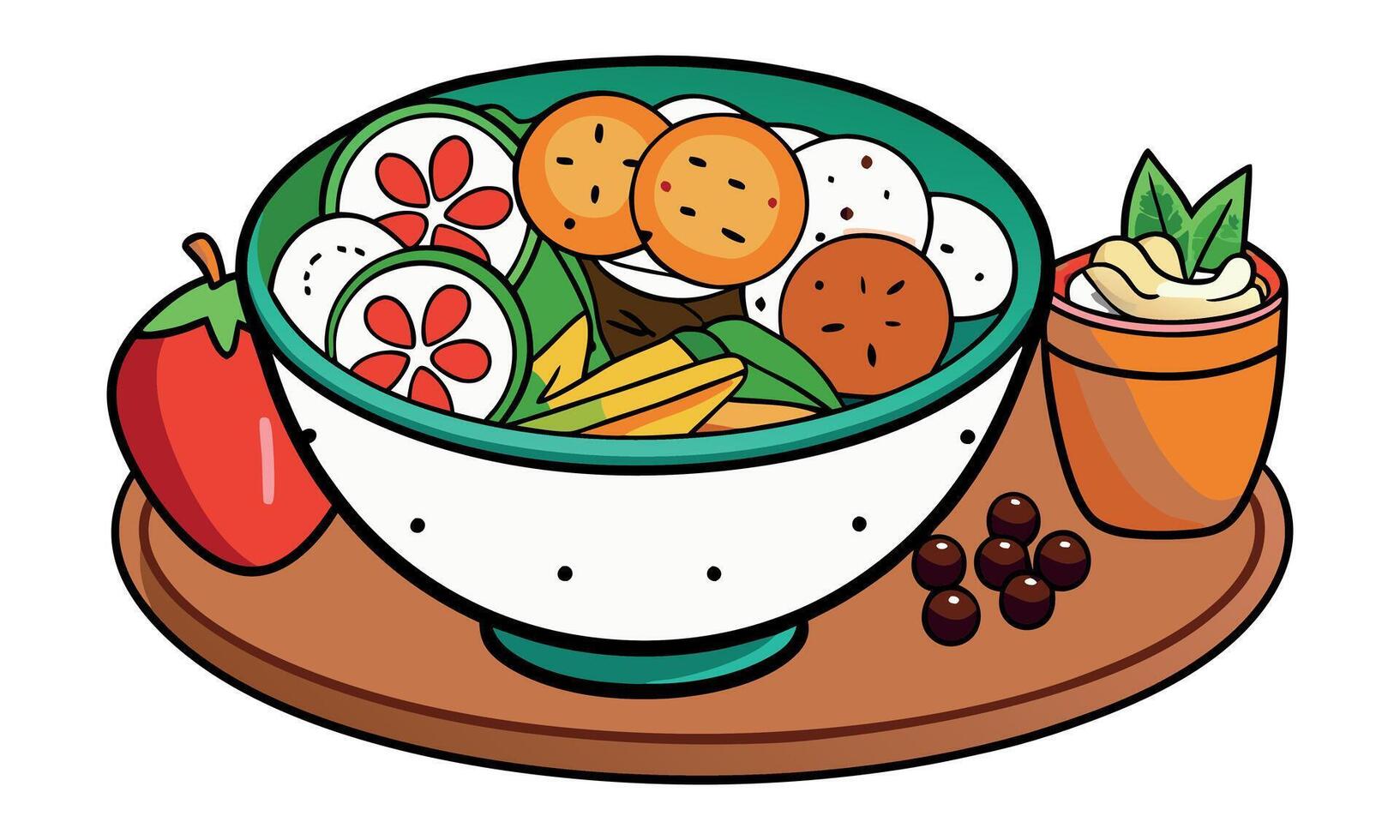 A bowl of food with vegetables and fruit on a plate vector