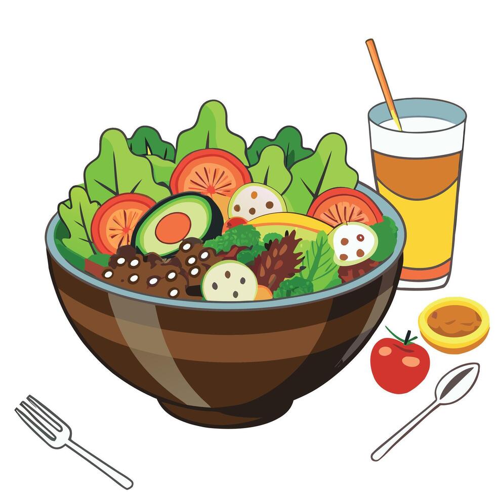 A bowl of salad with a glass of juice and fork vector