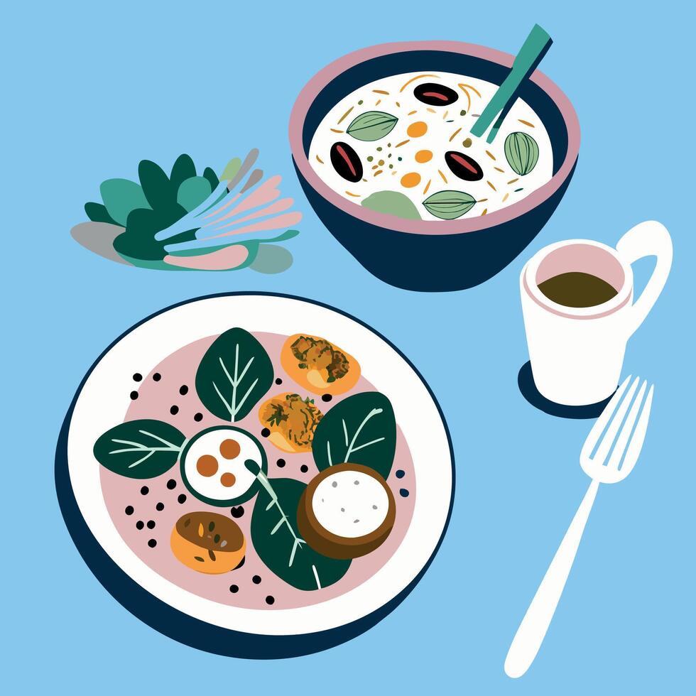 A plate of food with a bowl of soup and a fork vector