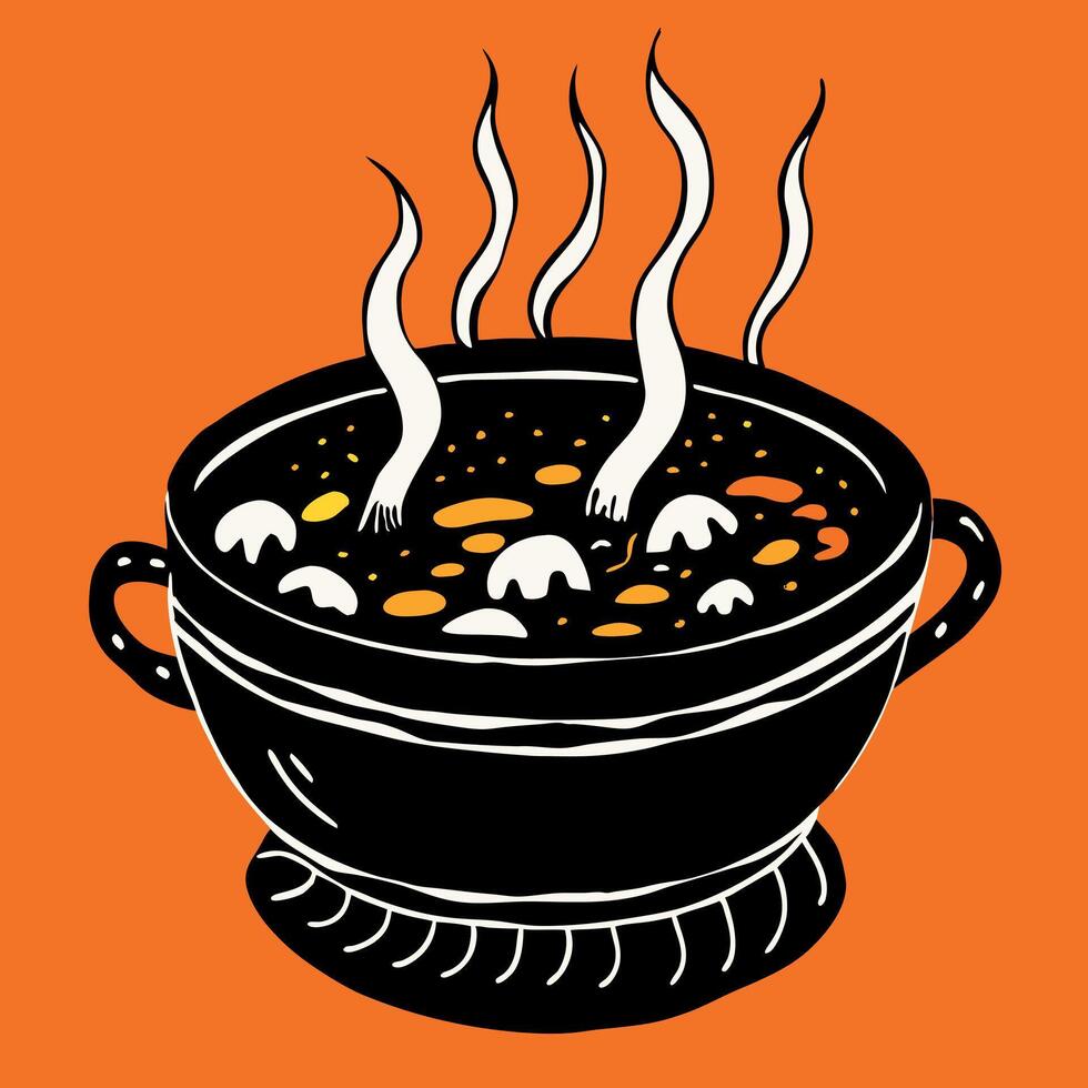 A black pot with food and steam coming out of it vector