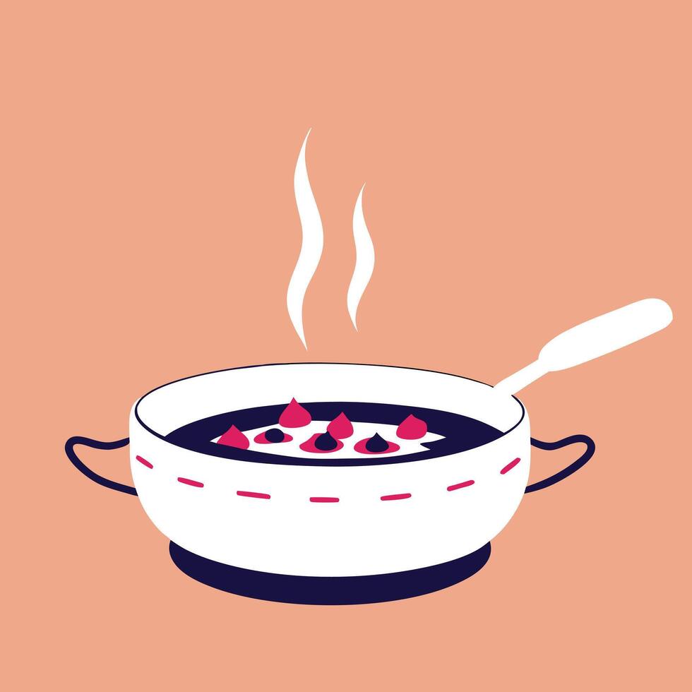 A pot of food with a spoon and steaming hot liquid vector