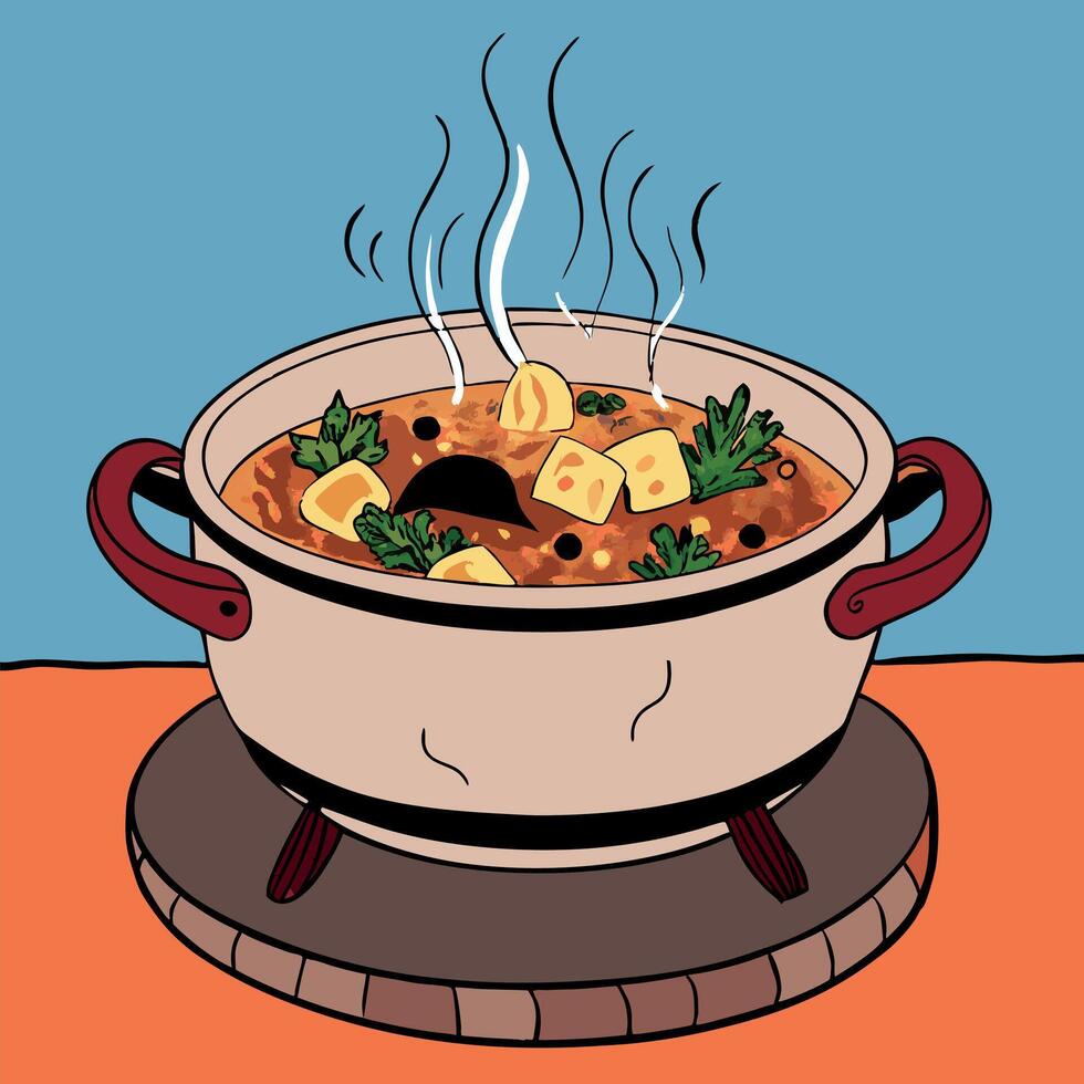 A drawing of a pot of stew with vegetables vector