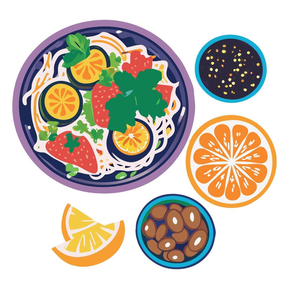 A plate with fruit, vegetables and other ingredients vector
