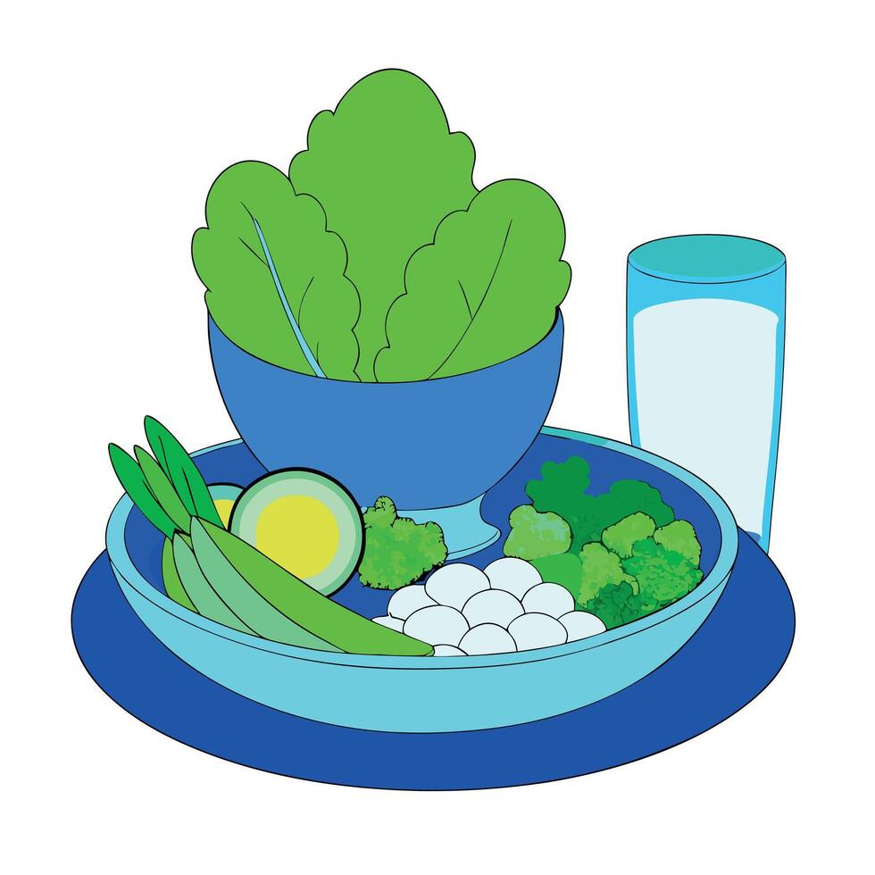 a plate with vegetables and a glass of milk vector
