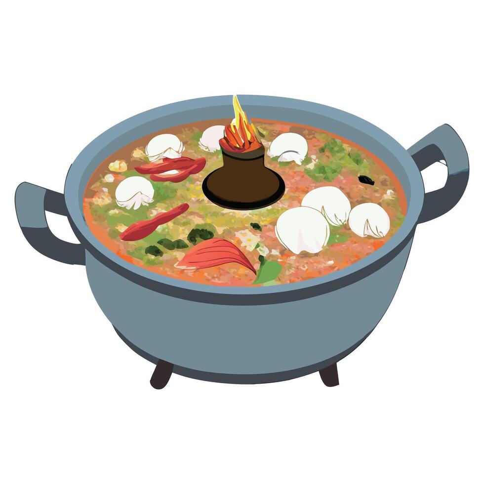 A pot of soup with a flame on top vector