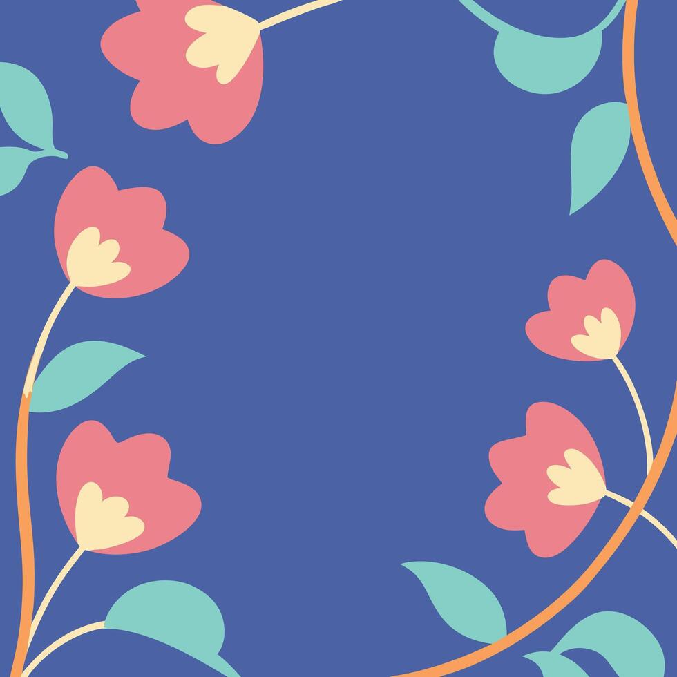 Floral frame on blue background with leaves and flowers vector
