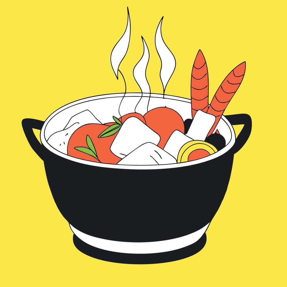 A pot with food on a yellow background vector