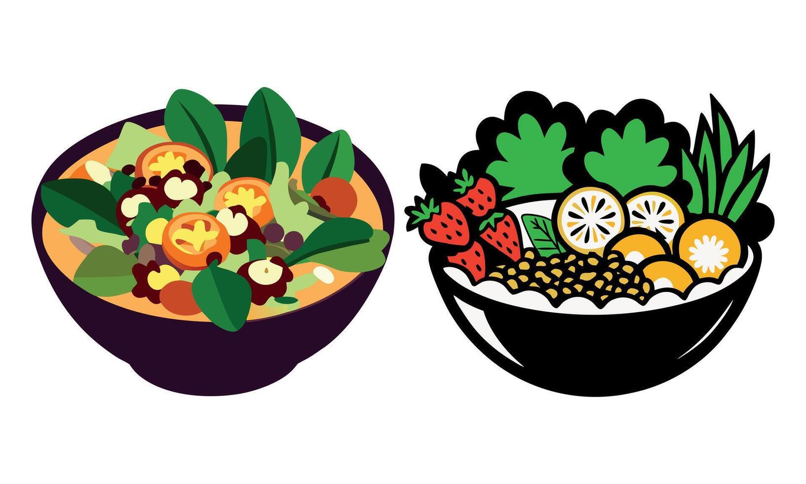 A bowl of salad and a bowl of fruit vector