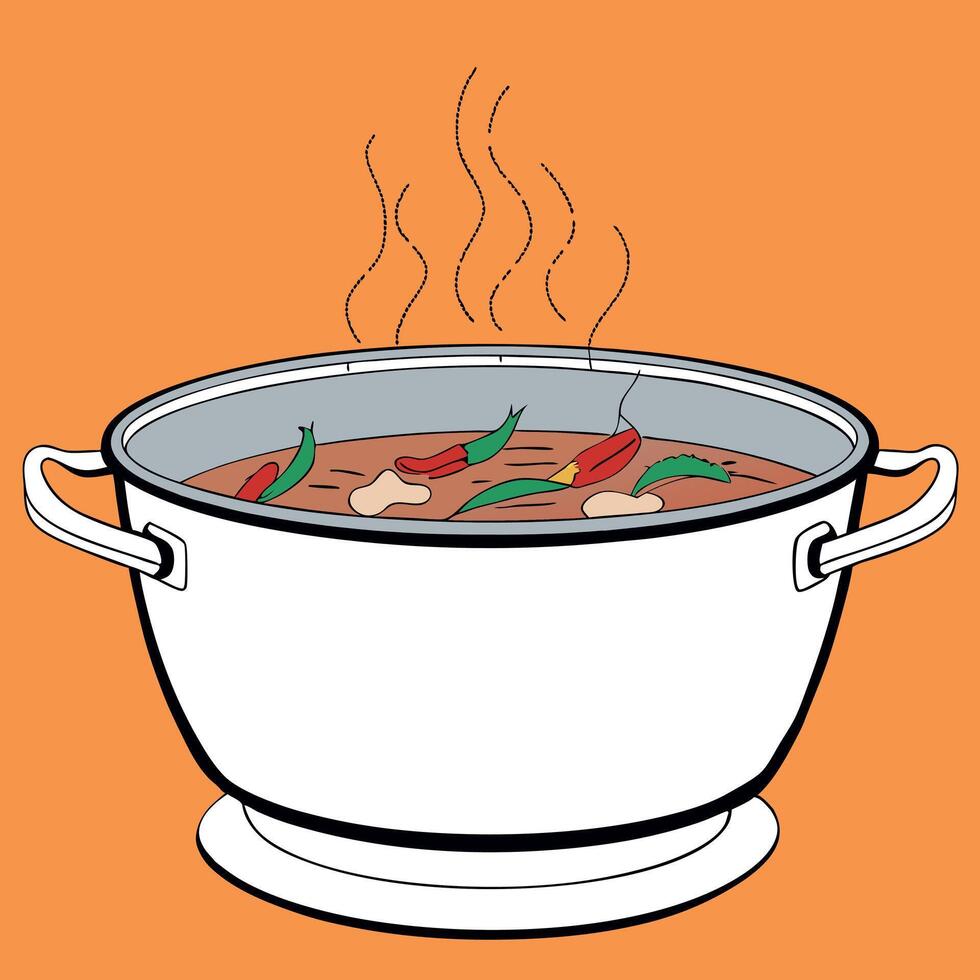 A pot of soup on an orange background vector