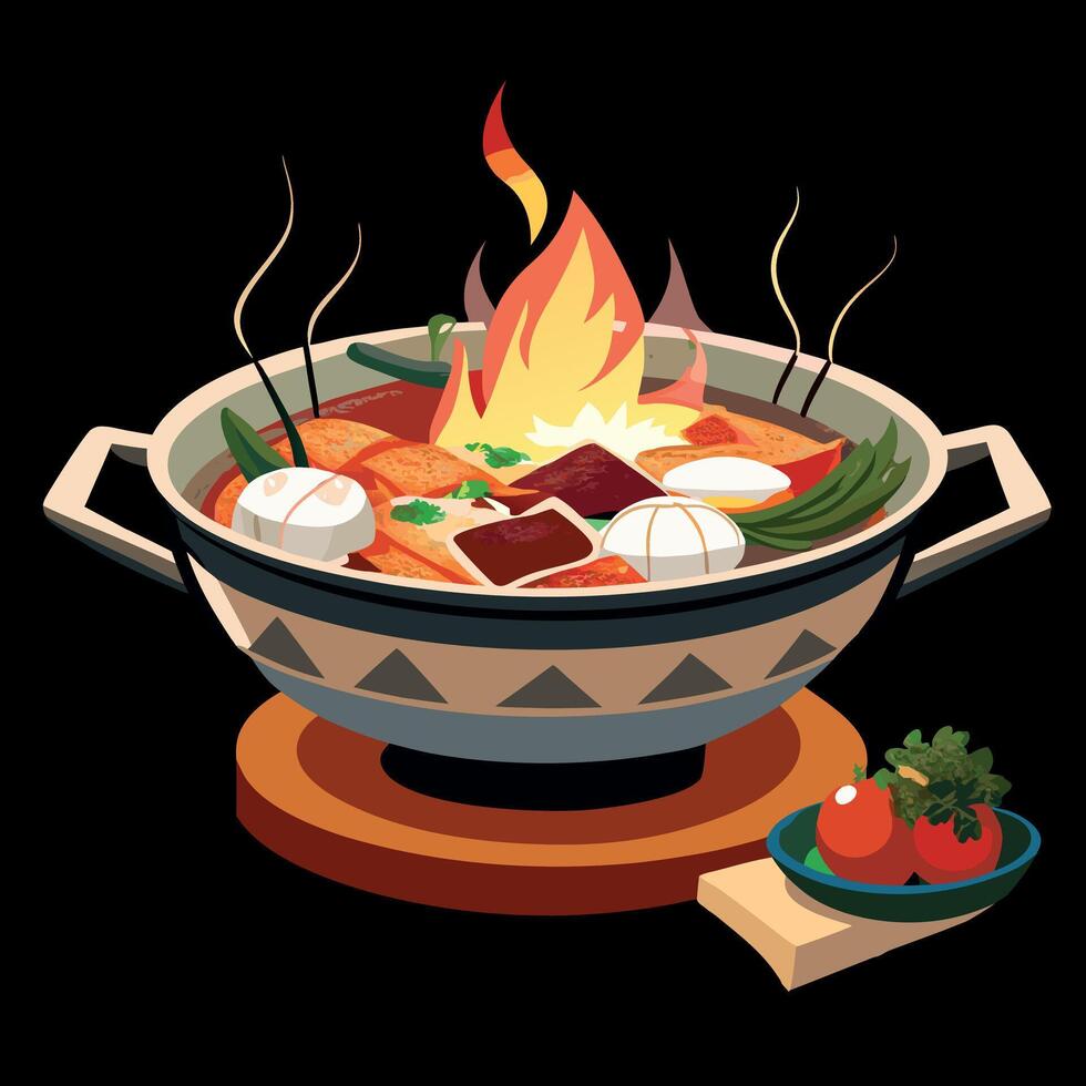 A bowl of food with a fire in it vector