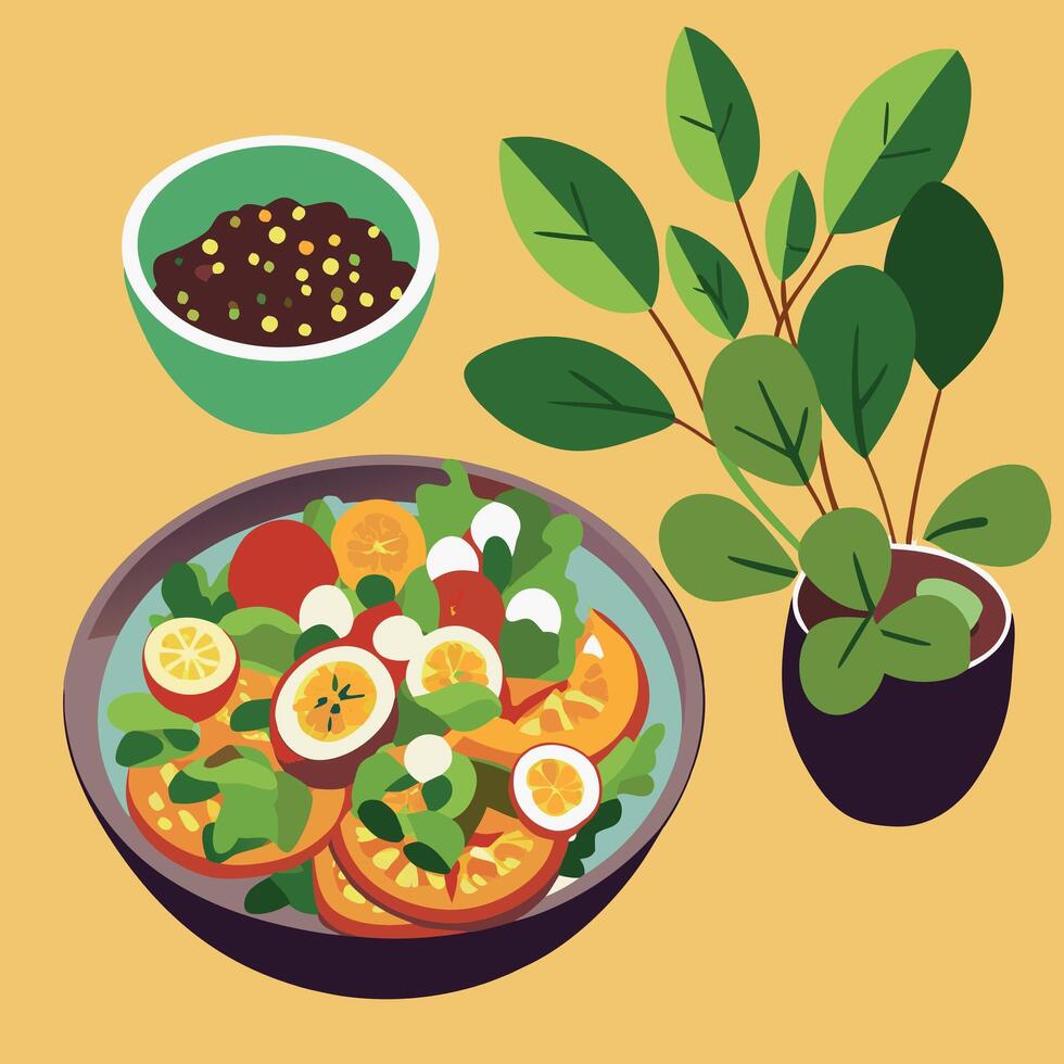 A bowl of salad with eggs, tomatoes and peppers vector