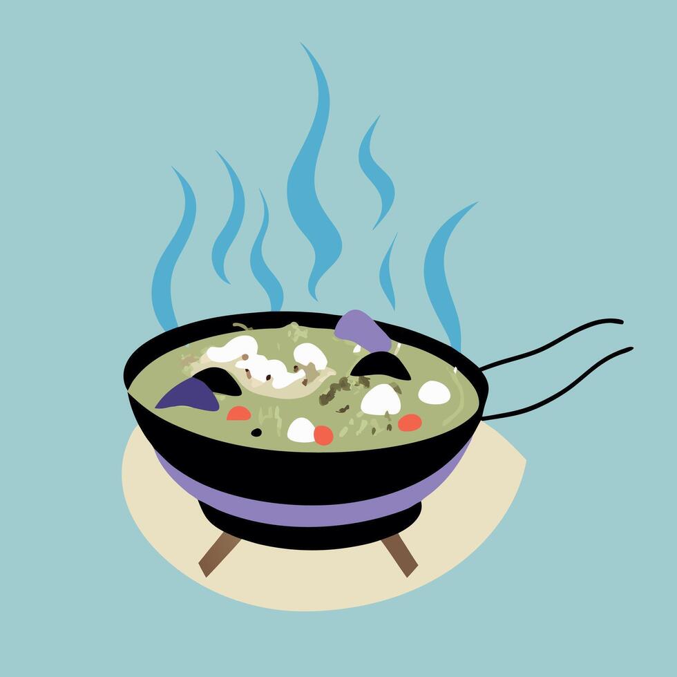 A pan with food and smoke coming out of it vector