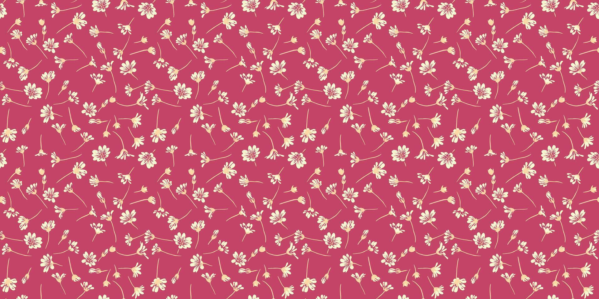 Elegant pattern with tiny flowers and small buds. Abstract artistic floral seamless print on a burgundy background. . hand drawing sketch. Design for fashion, fabric, wallpaper, textiles, vector