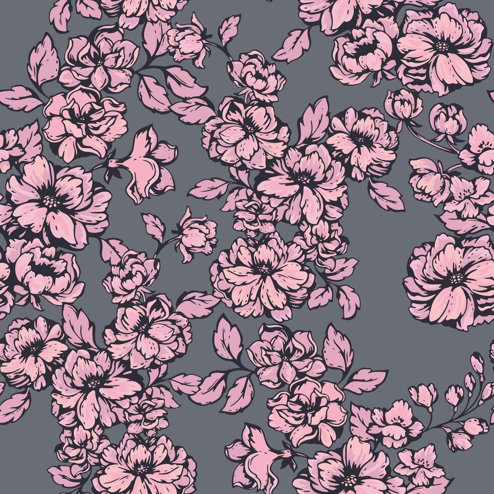 Blooming elegant meadow seamless pattern on a grey background. Artistic abstract floral print. drawing illustration. Creative stylized wild flowers patented. Design for fabric, fashion vector