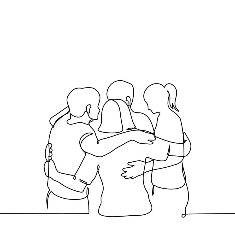 group of young people men women standing in a tight circle hugging - one line art . concept teamwork, collective, friends, siblings vector