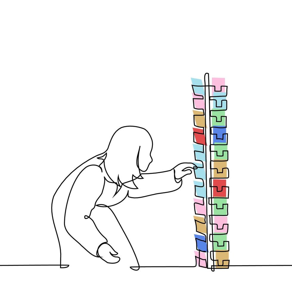 woman choosing postcard on stand - one line art . concept female postcard collector, woman in coat leaning in front of stand with postcards vector