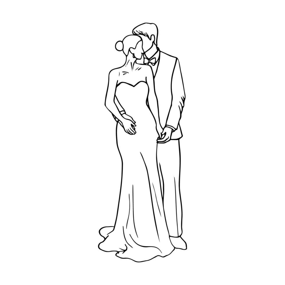 drawing of a loving couple standing in full growth, cuddle each other, touching faces and holding hands - hand drawn line sketch vector