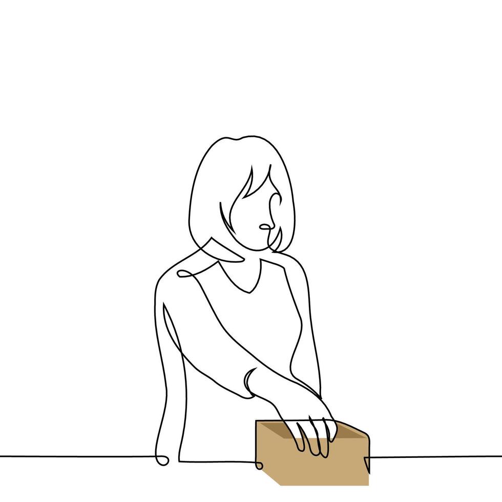 woman put her hand in a box - one line art . concept draw lots, nostalgic mood, exploration of the unknown vector
