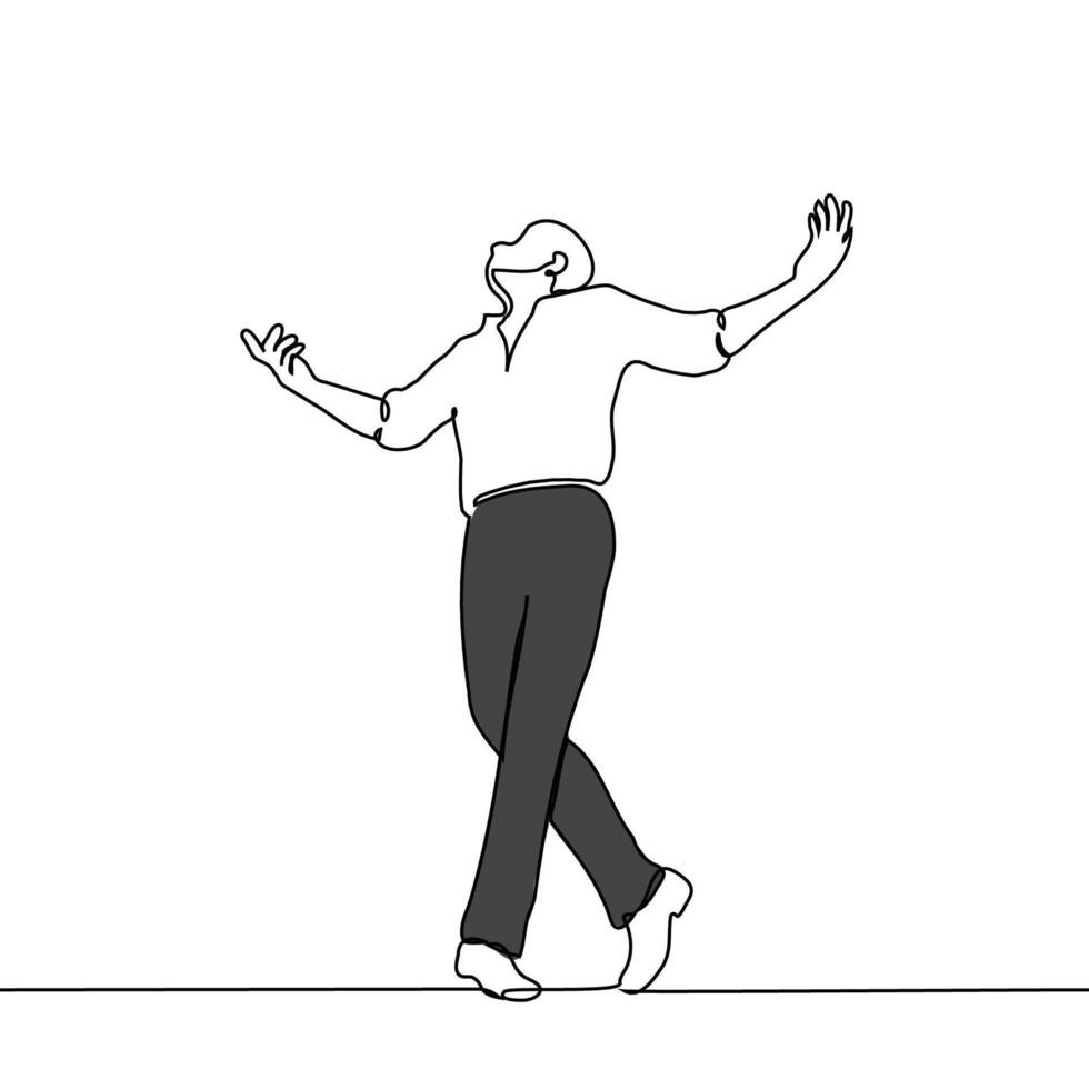 male artist standing accepting applause or performing - one line art . concept handsome slim man in shirt and trousers enjoying himself and the audience's reaction vector