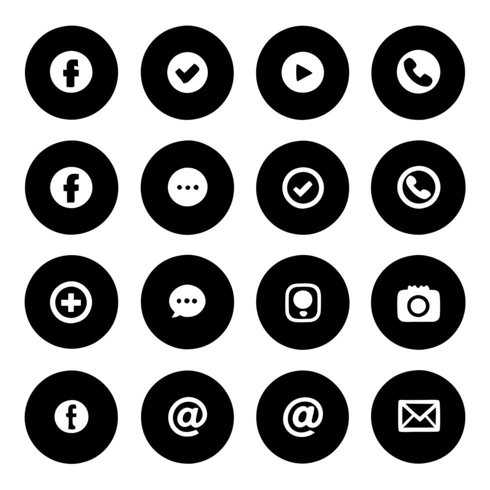 a grid of 16 circular black social media icons on a light peach background, representing popular vector