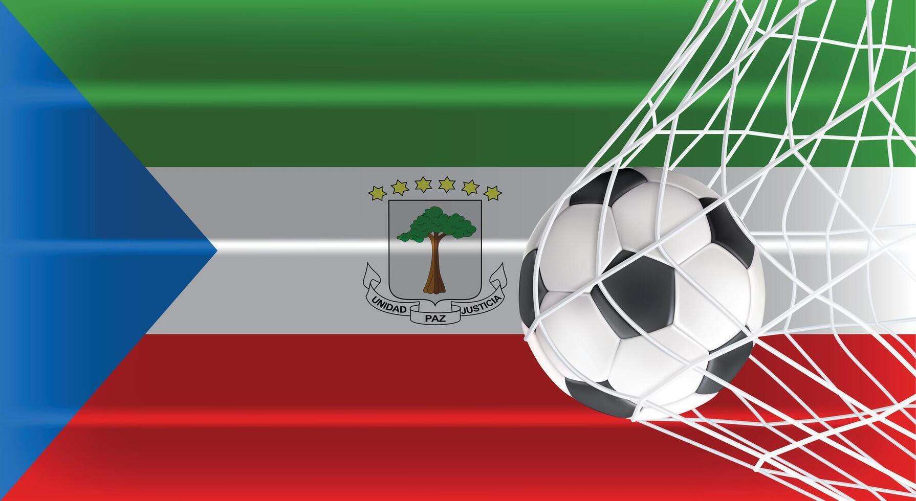 Soccer Football ball in Goal Net Isolated on Equatorial Guinea Shaded Flag, Sports Accessory Equipment for Playing Game, Championship and Competition Design Element Realistic 3D vector