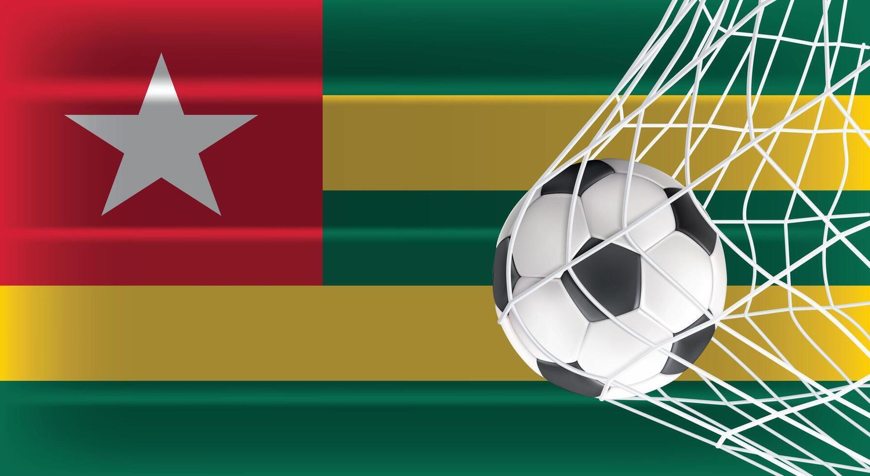 Soccer or Football ball in Goal Net Isolated on Togo Shaded Flag, Sports Accessory Equipment for Playing Game, Championship and Competition Design Element Realistic 3D vector