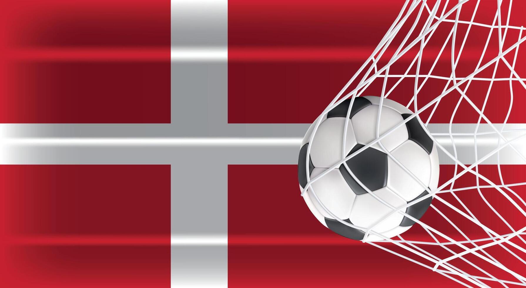 Soccer or Football ball in Goal Net Isolated on Denmark Shaded Flag, Sports Accessory Equipment for Playing Game, Championship and Competition Design Element Realistic 3D vector