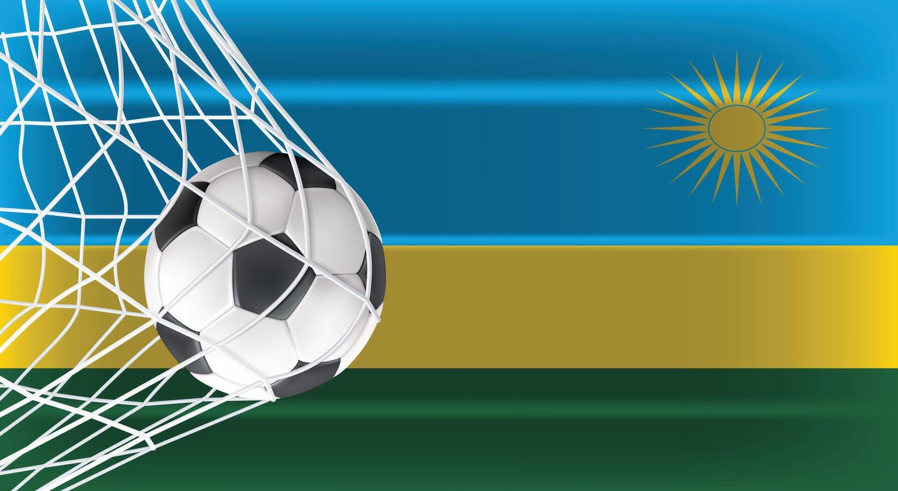 Soccer Football ball in Goal Net Isolated on Rwanda Shaded Flag, Sports Accessory Equipment for Playing Game, Championship and Competition Design Element Realistic 3D vector