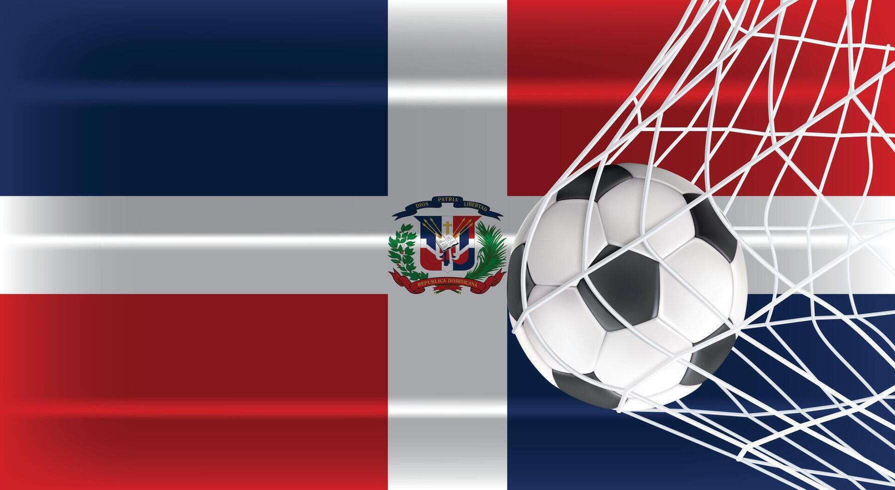 Soccer Football ball in Goal Net Isolated on Dominican Republic Shaded Flag, Sports Accessory Equipment for Playing Game, Championship and Competition Design Element Realistic 3D vector