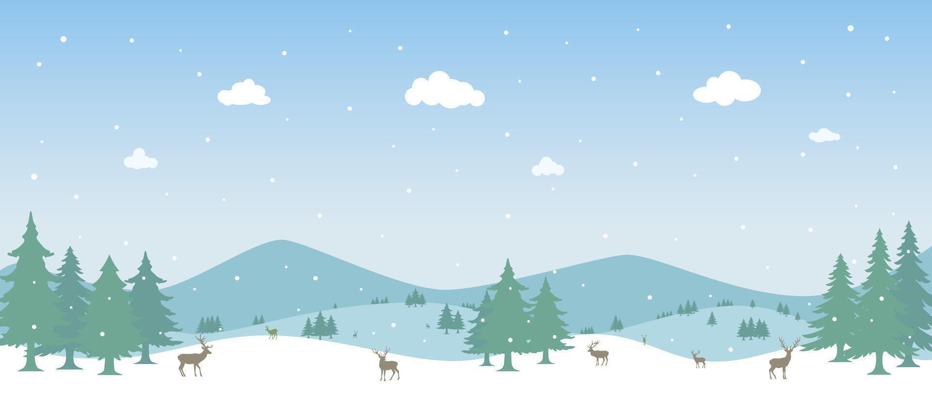 Christmas background, winter forest landscape. For greeting cards, New Year banner with fir trees in the snow, snowy forest and reindeer. vector