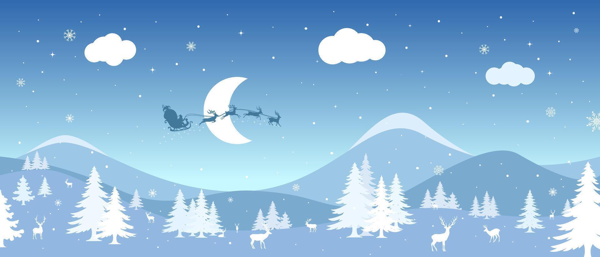 Christmas background. Illustration Winter landscape with reindeer and fir trees in the snow, night sky with stars, snowfall, moon and Santa Claus and Sleigh. vector