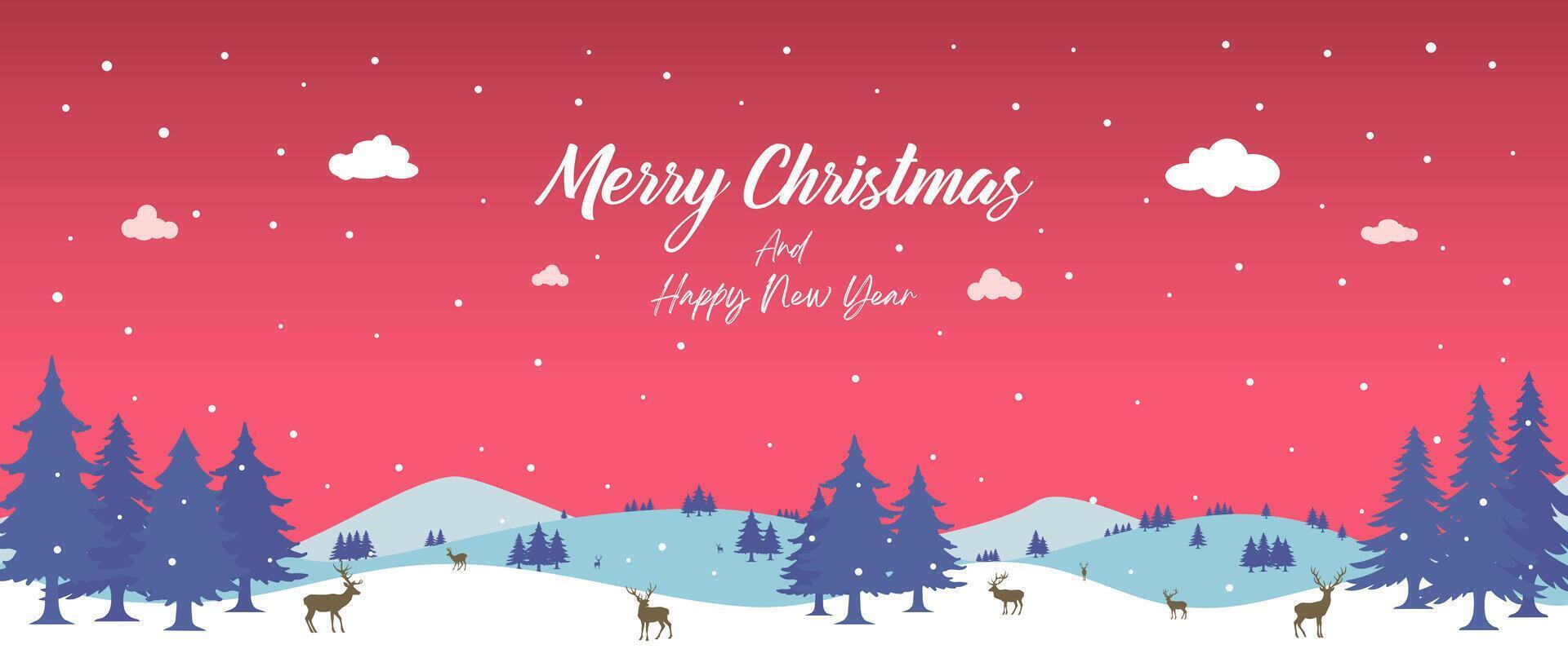 Red Christmas background, winter forest landscape. With text Merry Christmas and Happy New Year, for greeting cards, New Year banner with fir trees in the snow, snowy forest and reindeer. vector