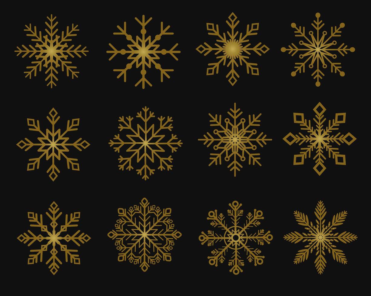 Various shapes and ornaments golden snowflakes on black background vector