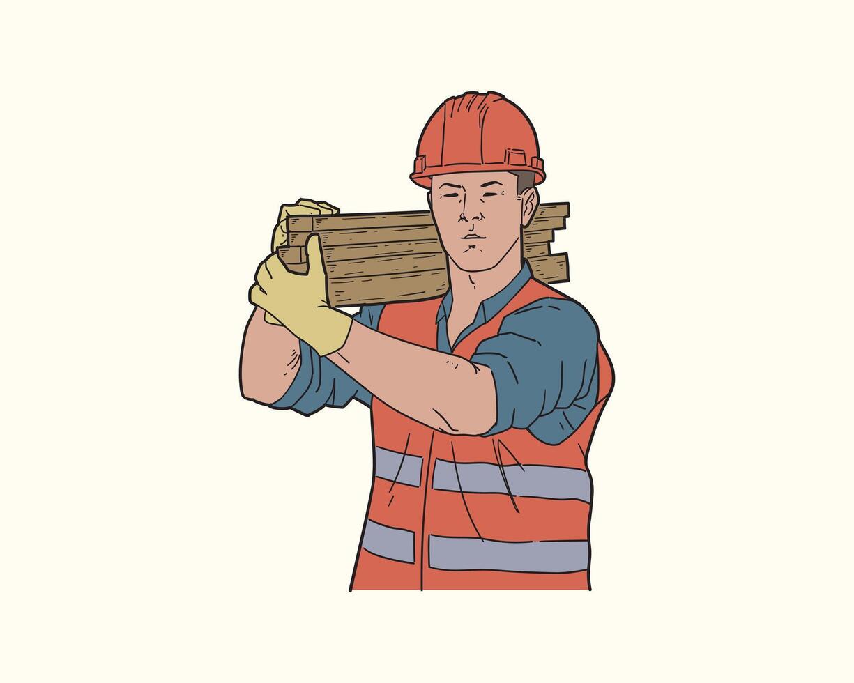 A man in a hard hat carrying a piece of wood vector