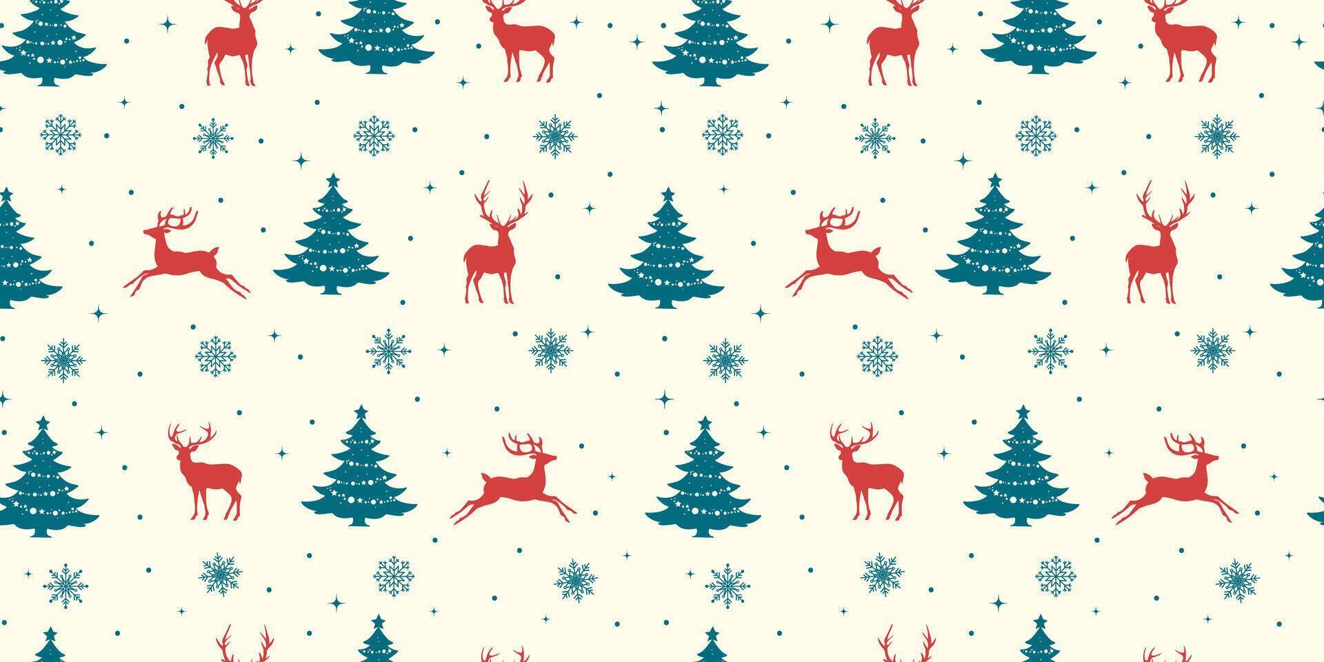 Christmas seamless pattern design, Christmas tree, reindeer and snowflake. happy new year, winter holiday, snowfall. Blue and red color combination. vector
