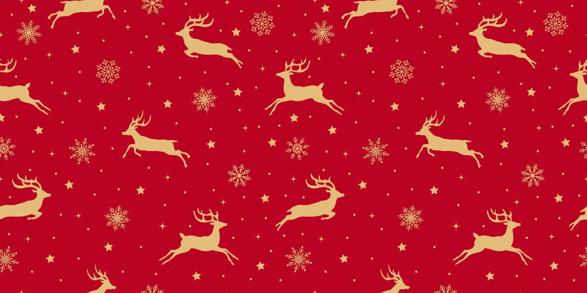 Seamless pattern design, reindeer, stars and snowflakes. Happy new year, Christmas, winter holiday, snowfall, on the red background. vector