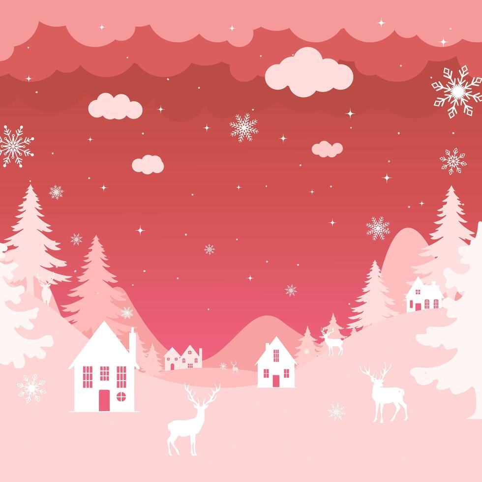 A pink background with snowflakes and trees vector