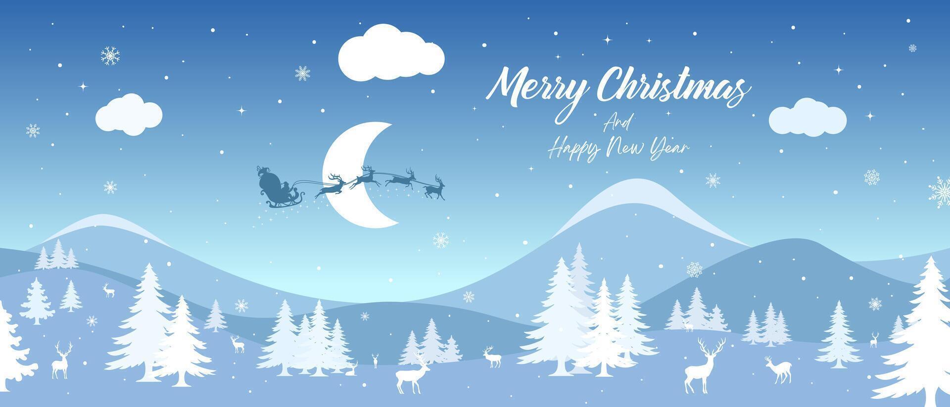 Christmas banner. Illustration Winter landscape with reindeer and fir trees in the snow, night sky with stars, snowfall, moon and Santa Claus and Sleigh. With text Merry Christmas and Happy New Year. vector