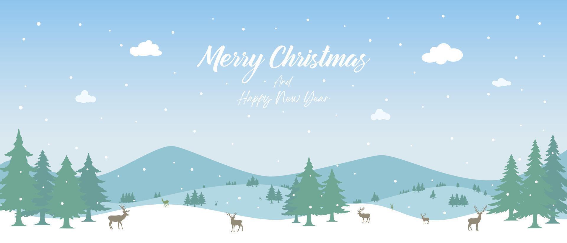 Christmas background, winter forest landscape. With text Merry Christmas and Happy New Year, for greeting cards, New Year banner with fir trees in the snow, snowy forest and reindeer. vector