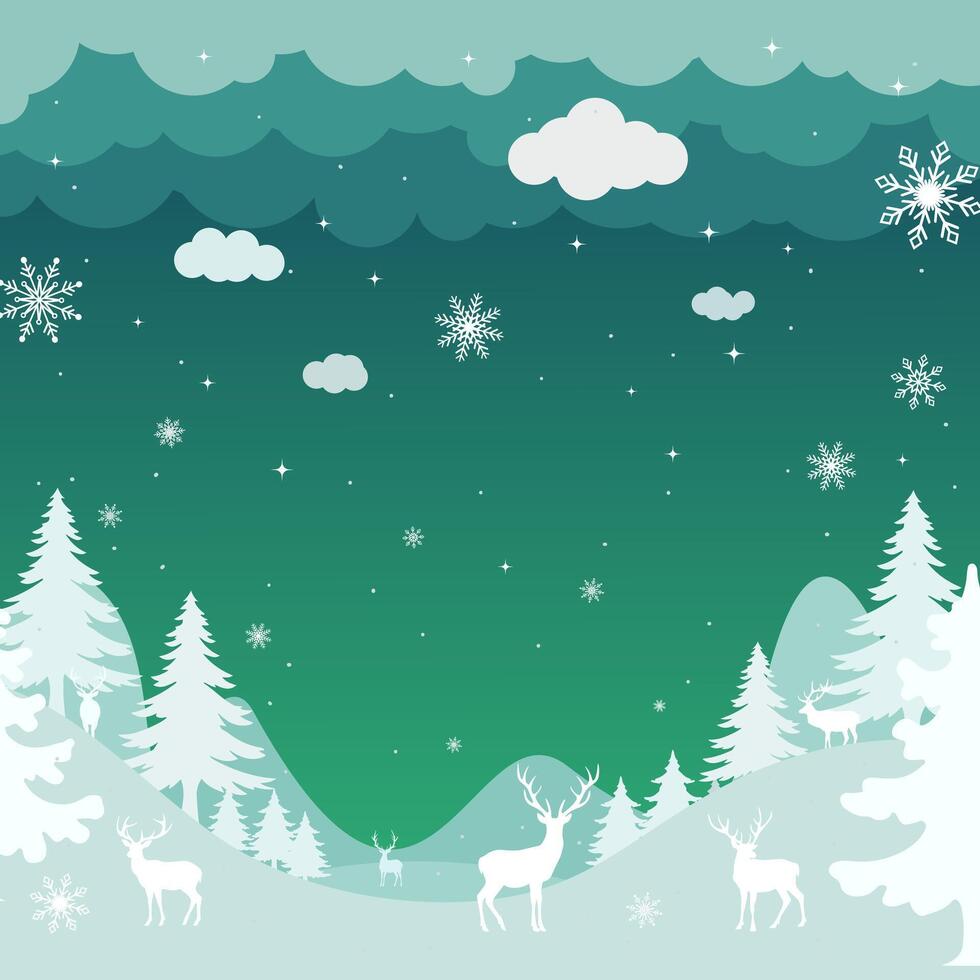 Winter landscape with snowflakes and deer illustration vector