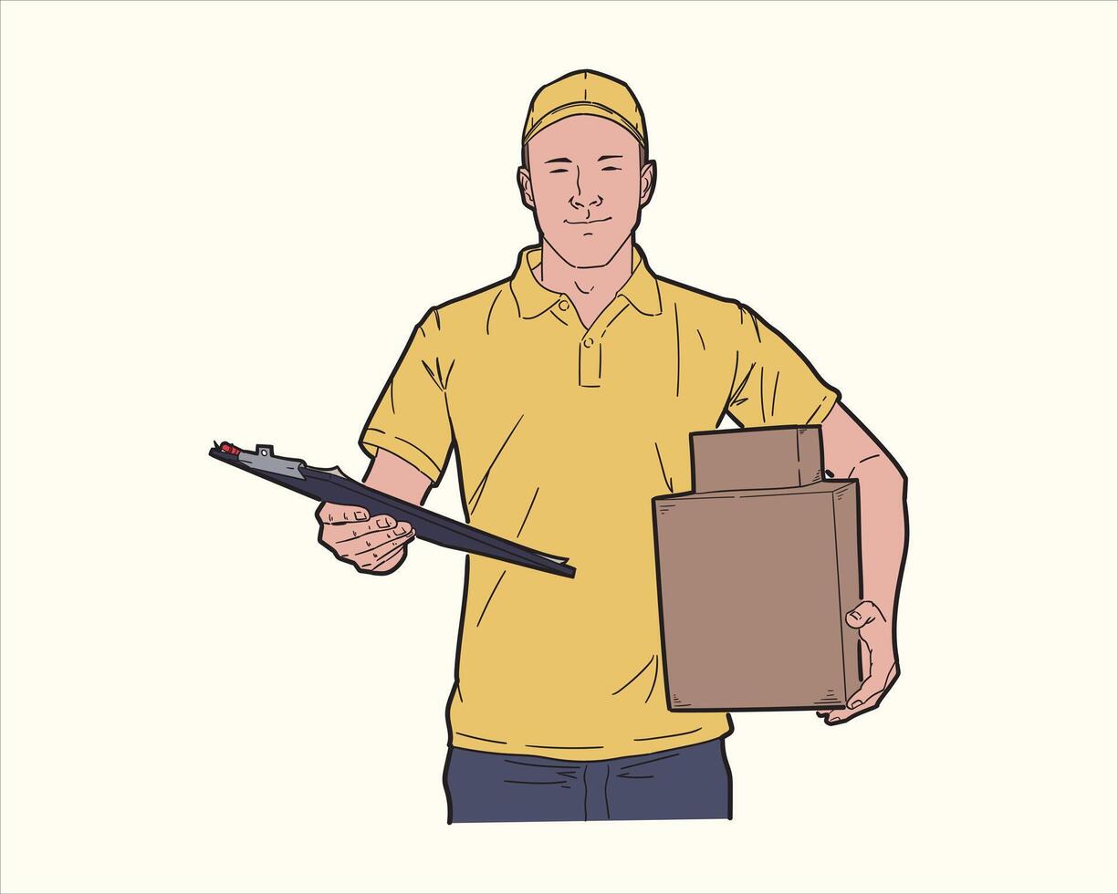 A man in yellow shirt holding a clipboard and holding a box vector