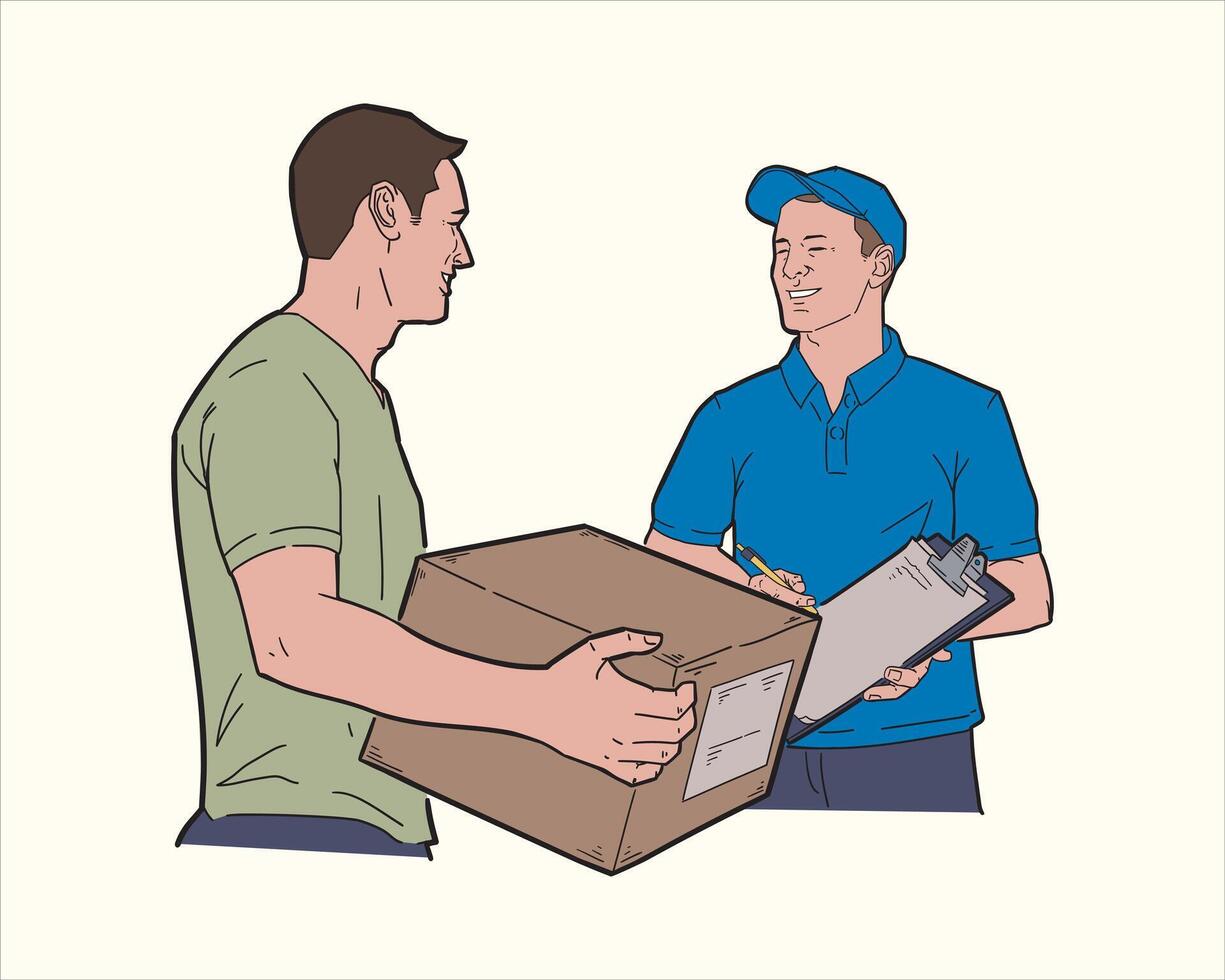Two men are holding a box and one is holding a clipboard vector