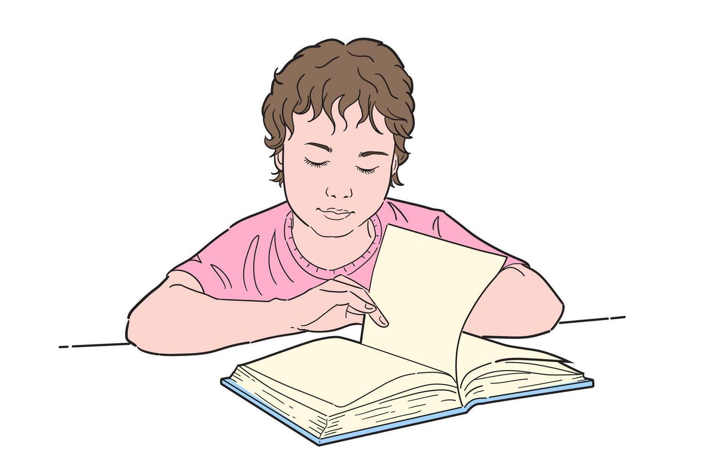 A boy reading a book with his hands on the pages vector