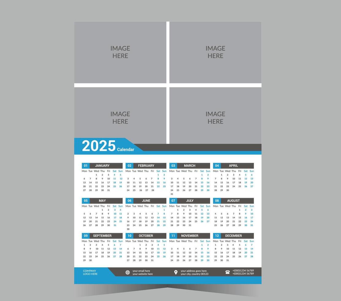 Wall calendar 2025 template, modern 12 month one page calendar design, corporate business