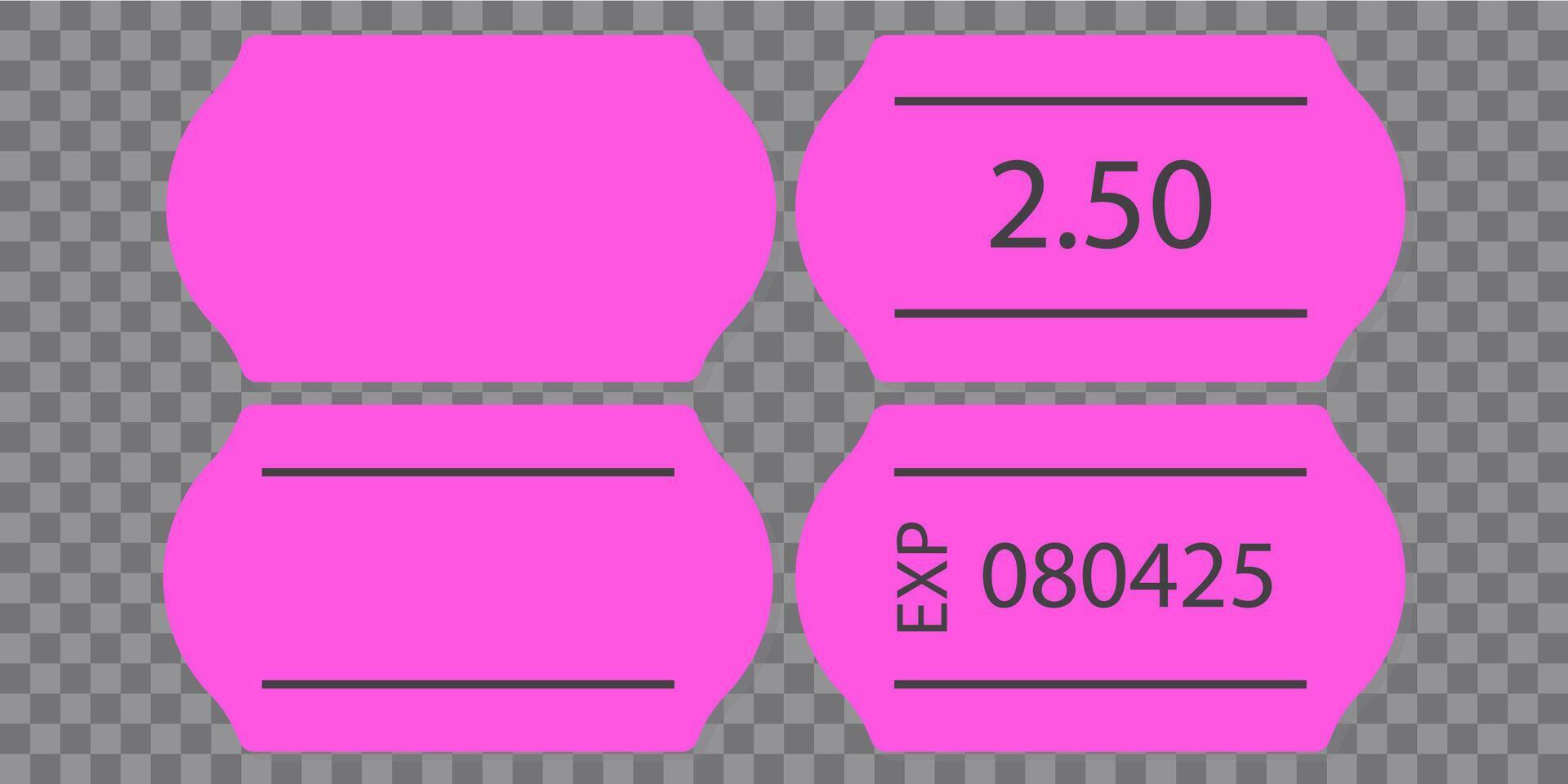 Self-adhesive pink neon paper price tag with two stripes. Blank price label. Pink sticker to indicate the expiration date. illustration isolated on chequered background. vector